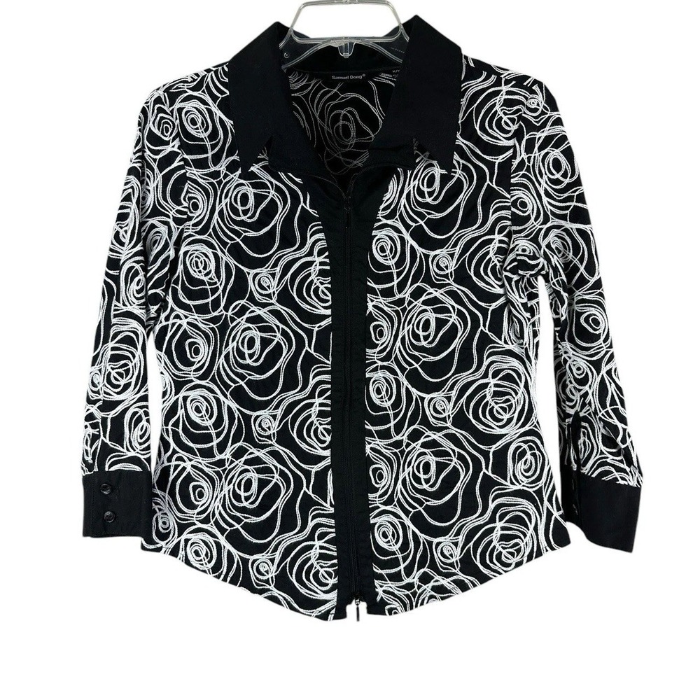 Samuel Dong Women's M Zip Jacket Textured Floral Black Psychedelic Romantic